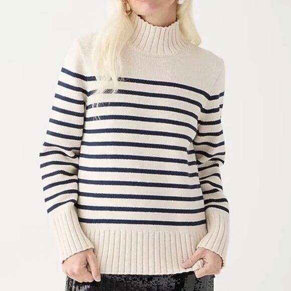 J.CREW Cotton Turtleneck Sweater in Stripe Ivory White & Black Oversized XS NEW - Picture 3 of 14